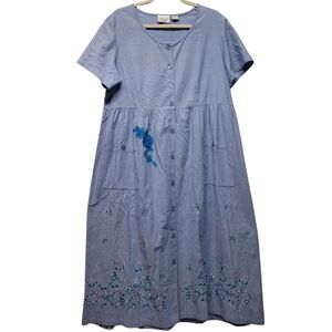 Amanda Stewart Leisurewear Dress Button Front Chambray Floral Embroidery Romper